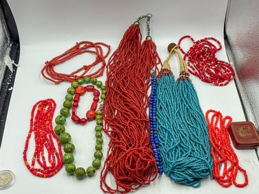 BEADED NECKLACE LOT, SOME CORAL
