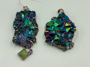 2 LARGE TITANIUM QUARTZ AND STERLING SILVER PENDANT