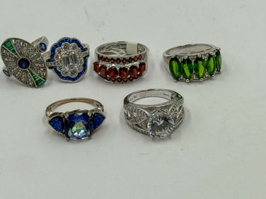 6 STERLING SILVER RINGS W/ CRYSTALS/CZS
