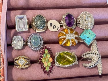 12 STERLING SILVER RINGS W/ CRYSTALS/CZS