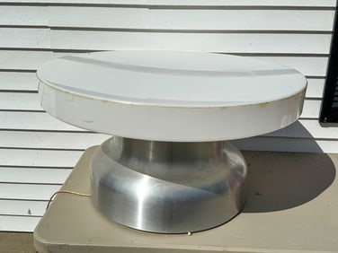 LUCITE AND BRUSHED ALUMINUM COFFEE TABLE, 36" DIAMETER X 19" TALL