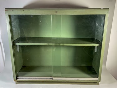 GREEN METAL ART DECO CABINET, 35" X 12" X 30"