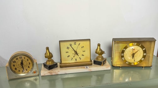 3 ART DECO CLOCKS INCLUDES ONE W/ BIRD AND MARBLE, 13" X 7" X 4.5" AND SMALLER