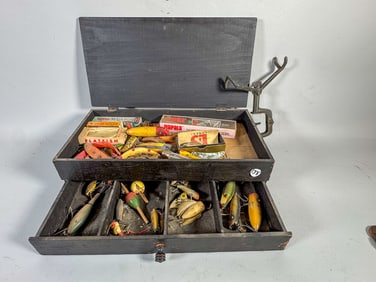 ANTIQUE WOOD BOX FULL OF FISHING LURES, 16" X 8" X 5"