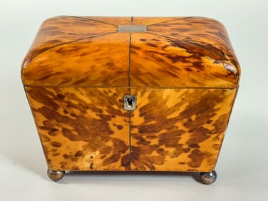 19TH CENTURY TORTOISE COVERED MAPLE TEA CADDY, 7" X 4" X 6"
