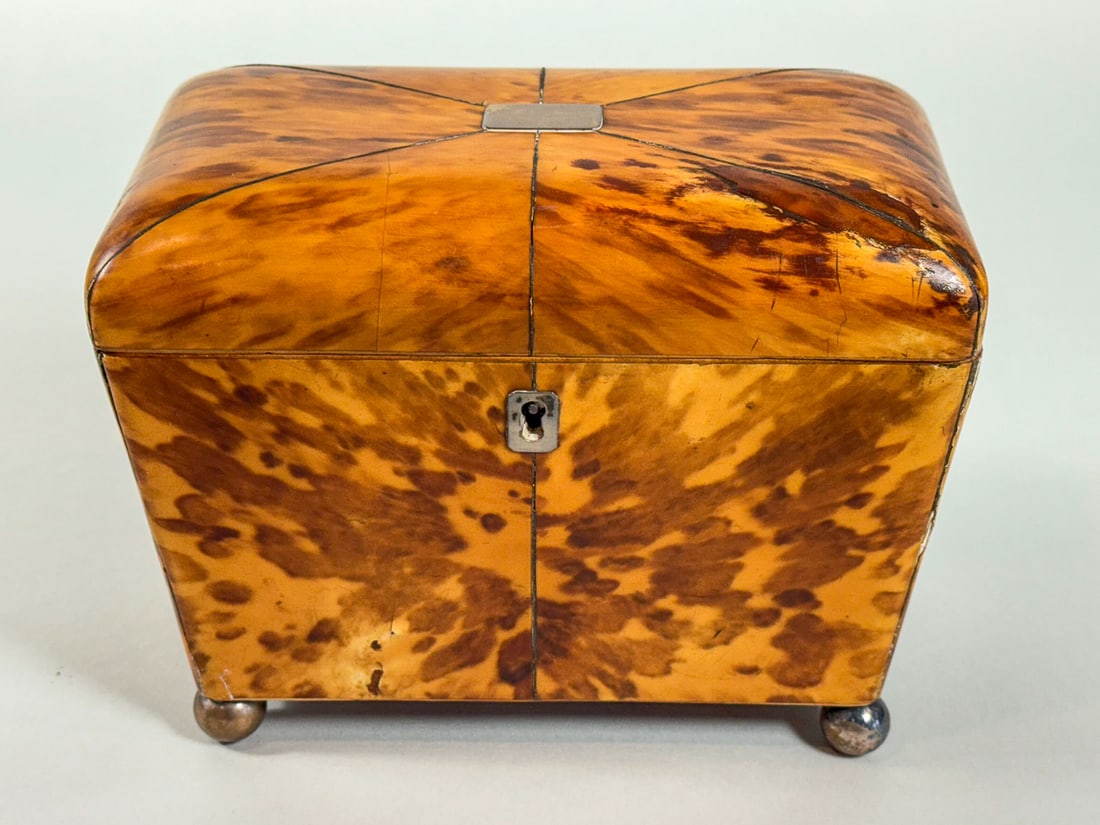 19TH CENTURY TORTOISE COVERED MAPLE TEA CADDY, 7" X 4" X 6" (1 of 5)