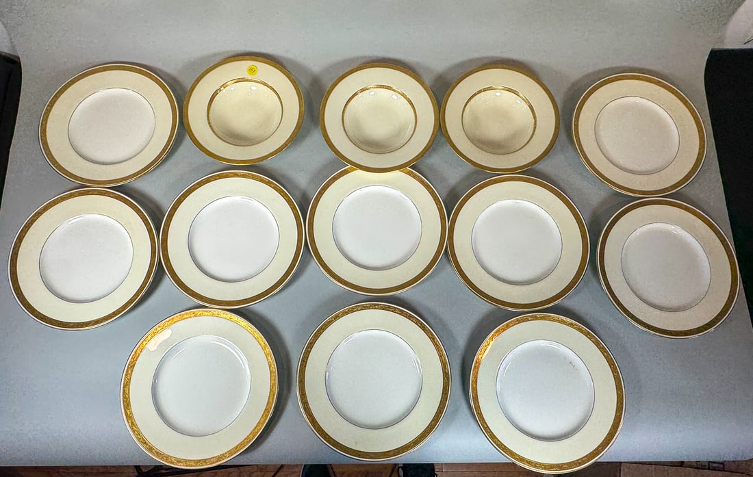 10 MINTONS FOR TIFFANY GOLD ENCRUSTED DINNER PLATES AND 3 DAULTON FOR TIFFANY GOLD TRIMMED SOUP: 10 MINTONS FOR TIFFANY GOLD ENCRUSTED DINNER PLATES AND 3 DAULTON FOR TIFFANY GOLD TRIMMED SOUP BOWLS, 10.25" DIAMETER PLATES AND 9" DIAMETER SOUP BOWLS