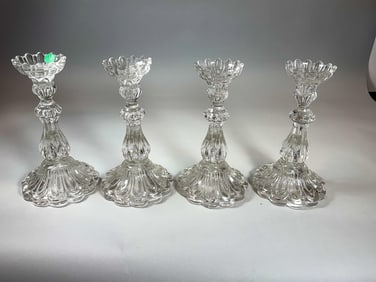 2 PAIR LARGE SANDWICH GLASS CANDLESTICKS, 6" X 10.5"