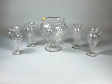 HAWKS GLASS PUNCHBOWL W/ 3 MATCHING FOOTED CUPS, 7" X 8" AND 3" X 6.5"