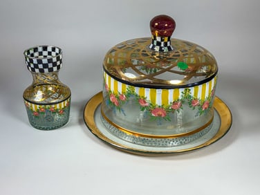 MACKENZIE CHILDS COURTLY CZECH CIRCUS GLASS CAKE DOME W/ PLATTER AND VASE, 11.5" DIAMETER X 9.5"