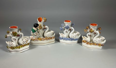 4 STAFFORDSHIRE FIGURAL VASES W/ SWANS, 5.5" 4" X 4.5"