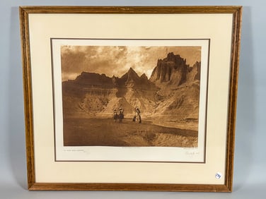 EDWARD CURTIS "IN THE BADLANDS" PHOTOGRAVURE, 24" X 21" FRAMED AND 17" X 14" SIGHT