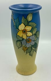 A WELLER POTTERY ARTIST SIGNED FLORAL VASE, M. ADSEL. 3.5" DIAMETER X 8" TALL