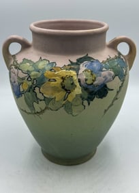 A WELLER POTTERY ARTIST SIGNED FLORAL VASE, TIMBERLAKE. 7" X 7"