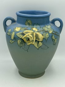 A WELLER POTTERY HAND PAINTED FLORAL VASE MARKED II. ENGLAND, 6.5" X 7.5"