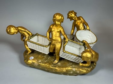A LARGE AMPHORA FIGURAL GROUP, CHERUBS W/ BASKETS. 17.5" X 12.5" X 10"