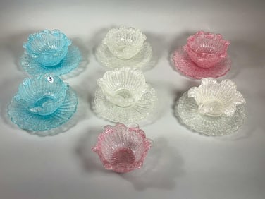 7 MURANO ART GLASS BOWLS W/ 6 LINERS, 7" LINERS AND 6" DIAMETER X 3" TALL BOWLS