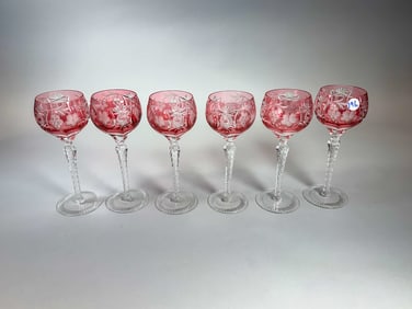 A SET OF 6 CRANBERRY CUT TO CLEAR WINE GOBLETS, 3.5" X 8.5"