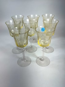 A SET OF 8 URANIUM GLASS? WATER GOBLETS, 3.5" DIAMETER X 8.25" TALL