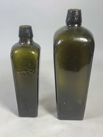 2 ANTIQUE OLIVE GREEN BOTTLES, 9.5" AND 8"