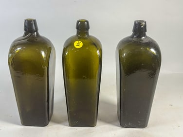 3 ANTIQUE OLIVE GREEN BOTTLES, 10.5"