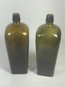 2 ANTIQUE OLIVE GREEN BOTTLES, 10.5"