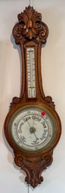 ANTIQUE OAK BAROMETER BY AITCHISON, LONDON. 12" X 4" X 35"