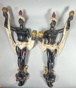 A PAIR OF ANTIQUE PLASTER BLACKAMOOR CANDLE SCONCES, 12" X 9" X 21.5"