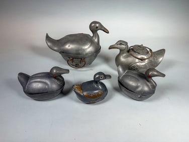 5 ANTIQUE CHINESE PEWTER DUCK FORM VESSELS, 9" X 6.5" X 4.5"