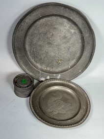2 ANTIQUE ENGLISH PEWTER CHARGERS AND AN INKWELL