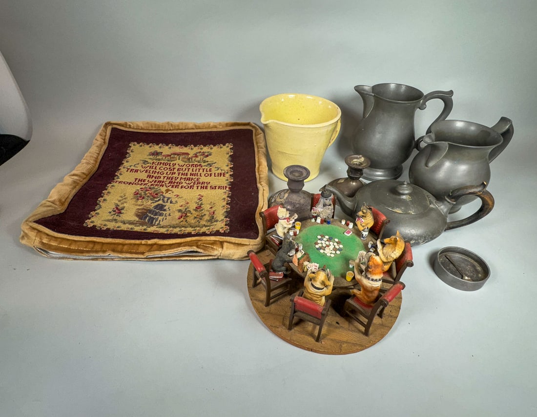 19TH CENTURY NEEDLEPOINT MOTTO PILLOWCASE, FIGURE OF DOGS PLAYING CARDS, YELLOWARE PITCHER, AND MISC (1 of 5)