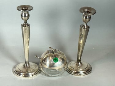 A PAIR OF STERLING SILVER CANDLESTICKS AND A SILVER AND CRYSTAL APPLE FORM SUGAR BOWL