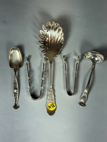 5 PIECES STERLING SILVER TONGS AND SERVING PIECES, 5.75 OZT