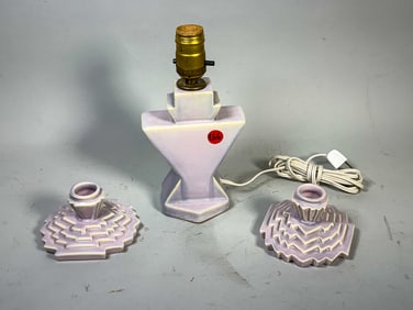 WELLER LORBECK CANDLESTICKS AND LAMP, 5" X 9" AND 5" DIAMETER X 3" TALL