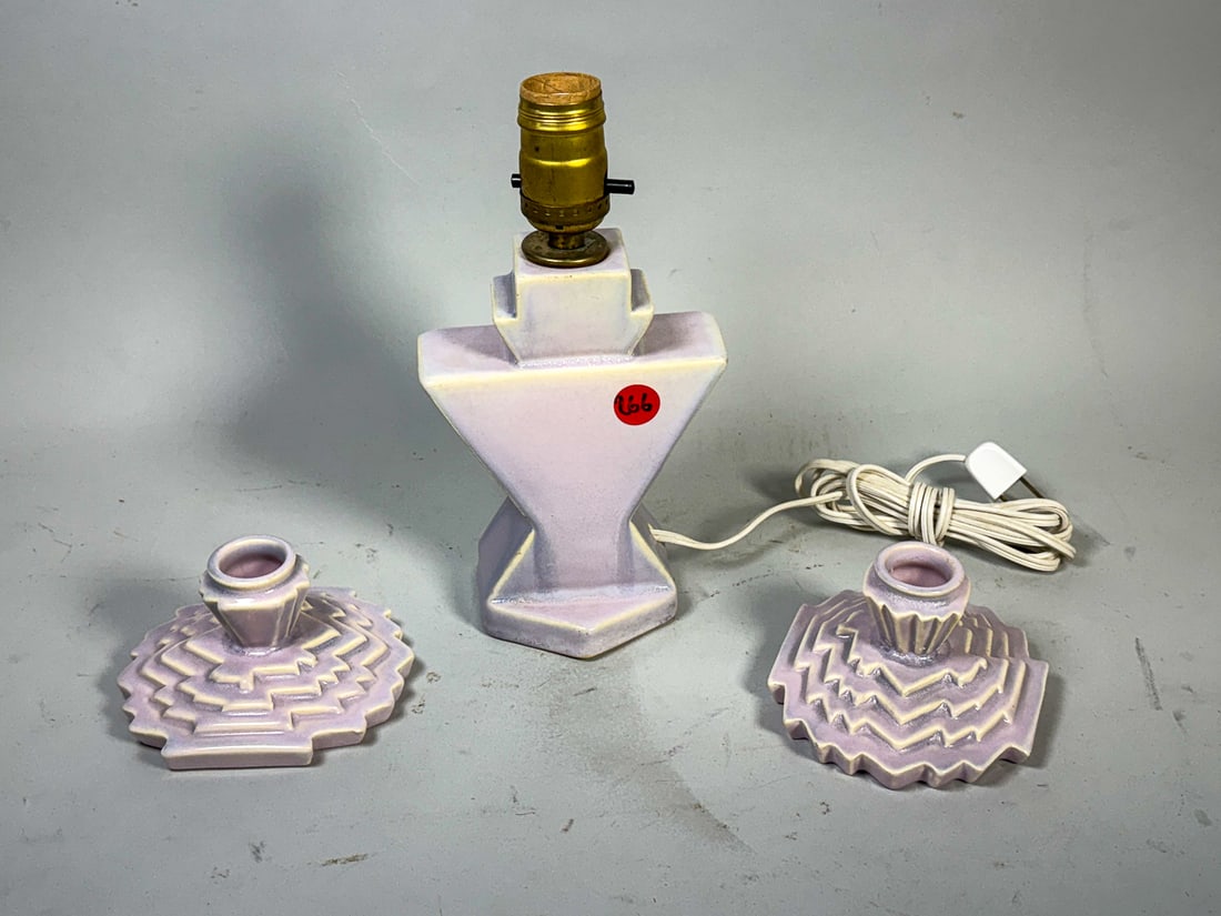 WELLER LORBECK CANDLESTICKS AND LAMP, 5" X 9" AND 5" DIAMETER X 3" TALL: WELLER LORBECK CANDLESTICKS AND LAMP, 5" X 9" AND 5" DIAMETER X 3" TALL