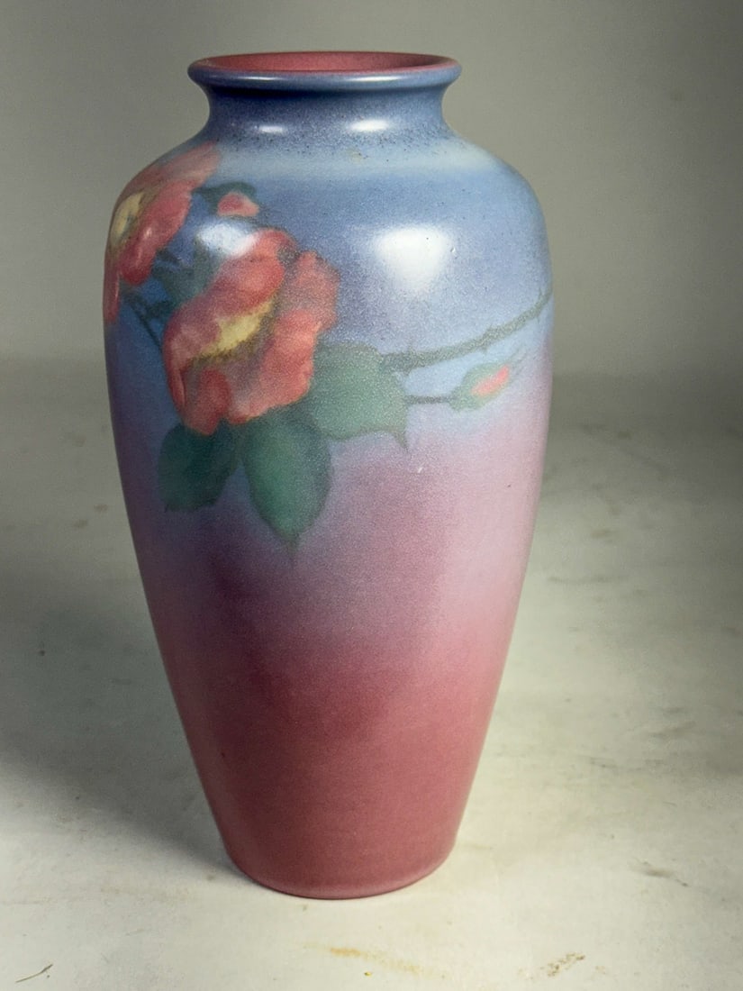 ARTIST SIGNED ROOKWOOD VELLUM VASE, 9" X 4.5" (1 of 5)