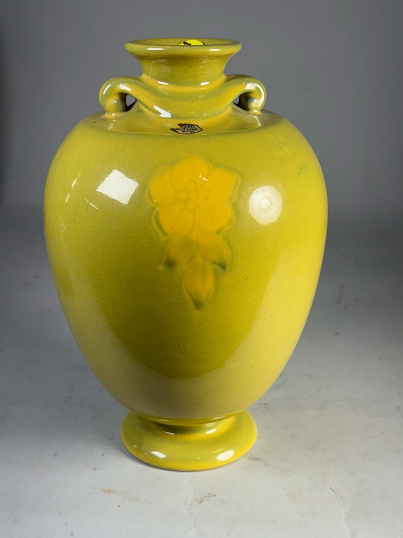 ROSEVILLE POTTERY RARE LAMP BASE W/ LABEL, PATTERN UNKNOWN. 10" X 6" (1 of 4)