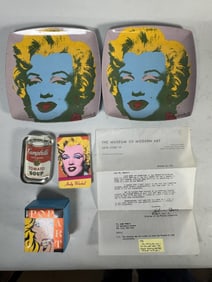 VINTAGE ANDY WARHOL POP ART LOT INC. PAPERWEIGHT AND PLATE, 8.5" X 11" AND SMALLER
