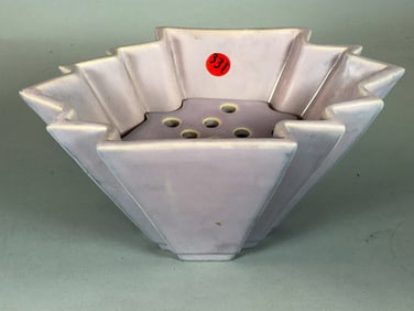 WELLER POTTERY ART DECO VASE W/ FLOWER FROG, 11" X 7" X 5"