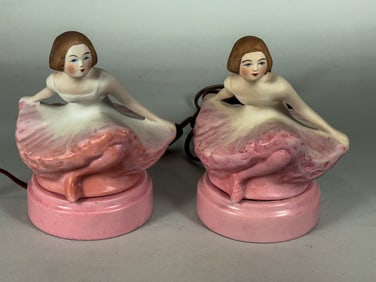 2 ART DECO POTTERY BALLERINA PERFUME BURNERS, 6.5" X 4.5" X 5.5"