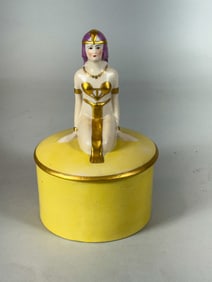 EGYPTIAN THEMED FIGURAL FULPER DRESSER JAR, 5" X 8"