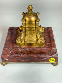 ITALIAN RED MARBLE AND BRONZE PATINATED INKWELL, 7" X 7.25" X 7.25"