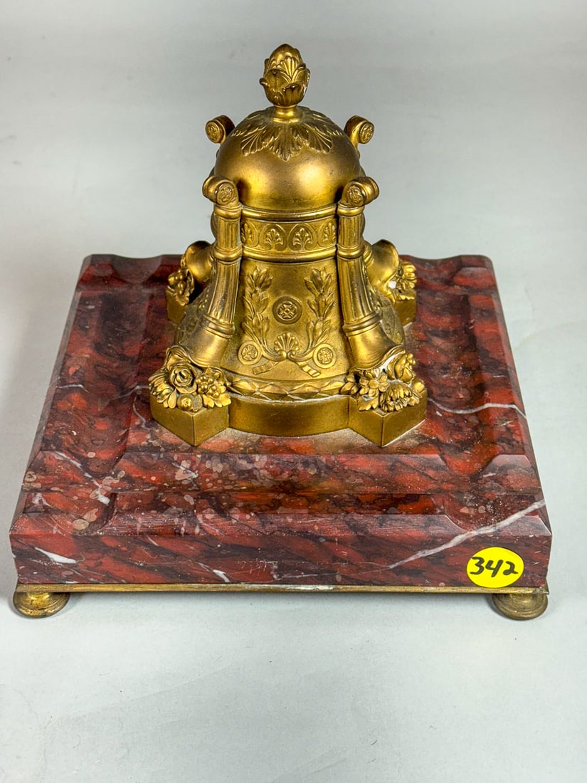 ITALIAN RED MARBLE AND BRONZE PATINATED INKWELL, 7" X 7.25" X 7.25" (1 of 5)