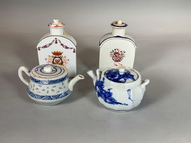 2 PIECES CHINESE BLUE AND WHITE AND 2 PORCELAIN TEA CADDIES, 5.5" X 3.5" AND SMALLER
