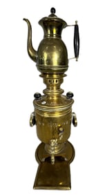 A RUSSIAN BRASS SAMOVAR W/ TRAY AND TEAPOT