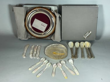 ARGENTI SILVER ON WOOD TRAY AND MOP CAVIAR SET, 8" DIAMETER TRAY AND 5.5" SPOONS