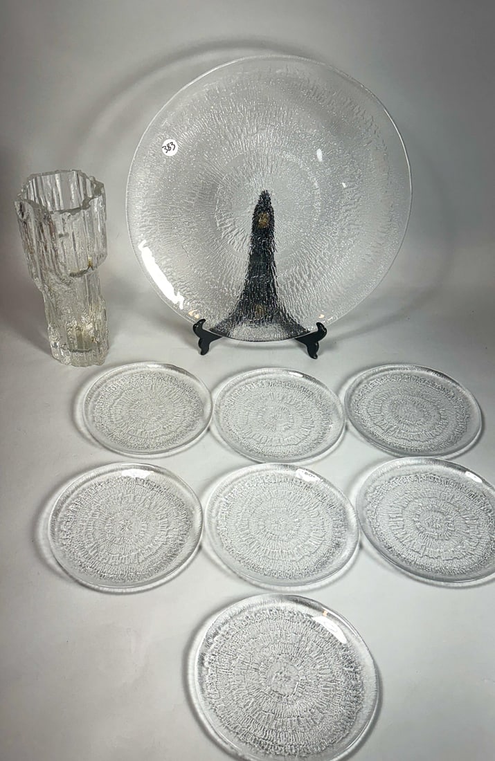 A LITTALA SOLARIS SERVING PLATTER WITH SEVEN TORTE PLATES/ TAPIO WIRKKALA ICE VASE 13.5" AND 6.5",: A LITTALA SOLARIS SERVING PLATTER WITH SEVEN TORTE PLATES/ TAPIO WIRKKALA ICE VASE 13.5" AND 6.5", 9.5" X 4.25"