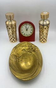 TWO GUERLAIN MISTERS, AN ART NOUVEAU TRAY AND AN ENGLISH CLOCK, 6.5", 9" X 6", AND 5" X 4"