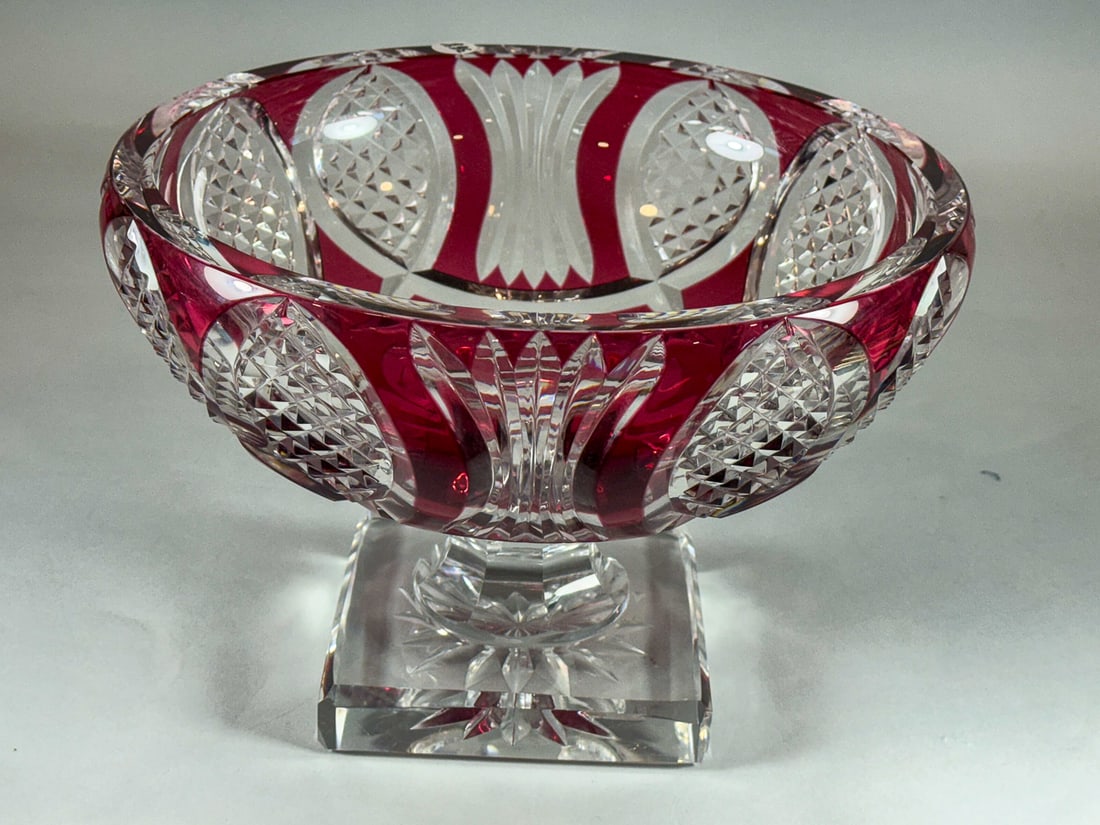 VAL SAINT LAMBERT CRANBERRY CUT TO CLEAR PUNCHBOWL 12" DIAMETER X 8.5" TALL (1 of 5)