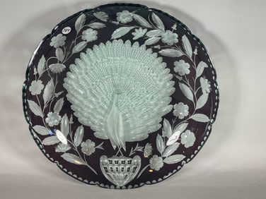 ART DECO BOHEMIAN GLASS CRANBERRY CUT TO CLEAR CHARGER WITH PEACOCK 16" DIAMETER X 3" TALL